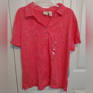 Caribbean Joe Women’s Shirt Tropical Large Palm Leaves V-neck Pink XL